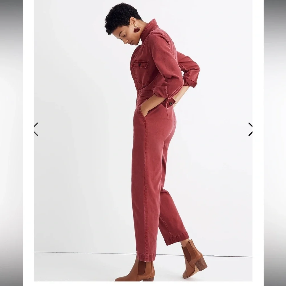 Madewell burgundy dyed denim straight leg overall long sleeve jumpsuit - Picture 10 of 10